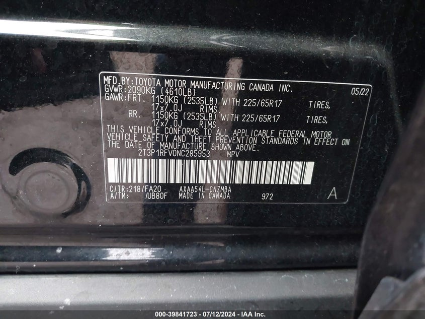 VIN 2T3P1RFV0NC285953 2022 TOYOTA RAV4 XLE