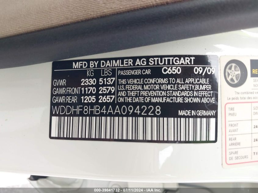 2010 Mercedes-Benz E 350 4Matic VIN: WDDHF8HB4AA094228 Lot: 39841732