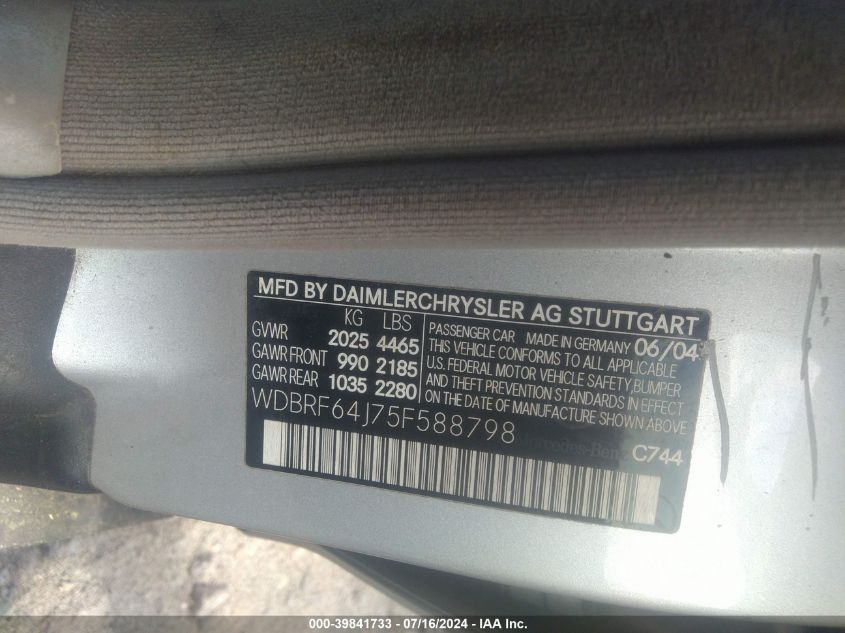 WDBRF64J75F588798 | 2005 MERCEDES-BENZ C 320