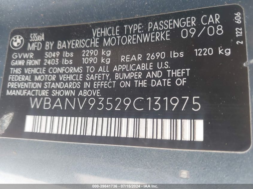 2009 BMW 535I xDrive VIN: WBANV93529C131975 Lot: 39841736