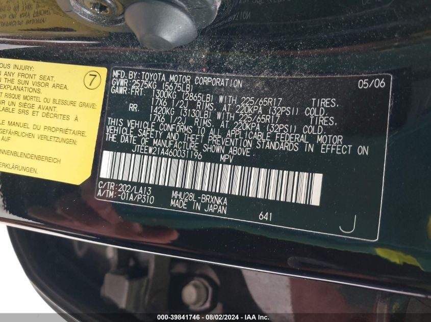 2006 Toyota Highlander Hybrid Limited V6 VIN: JTEEW21A460031196 Lot: 39841746