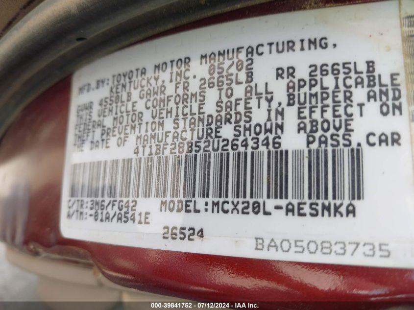 4T1BF28B52U264346 2002 Toyota Avalon Xl/Xls