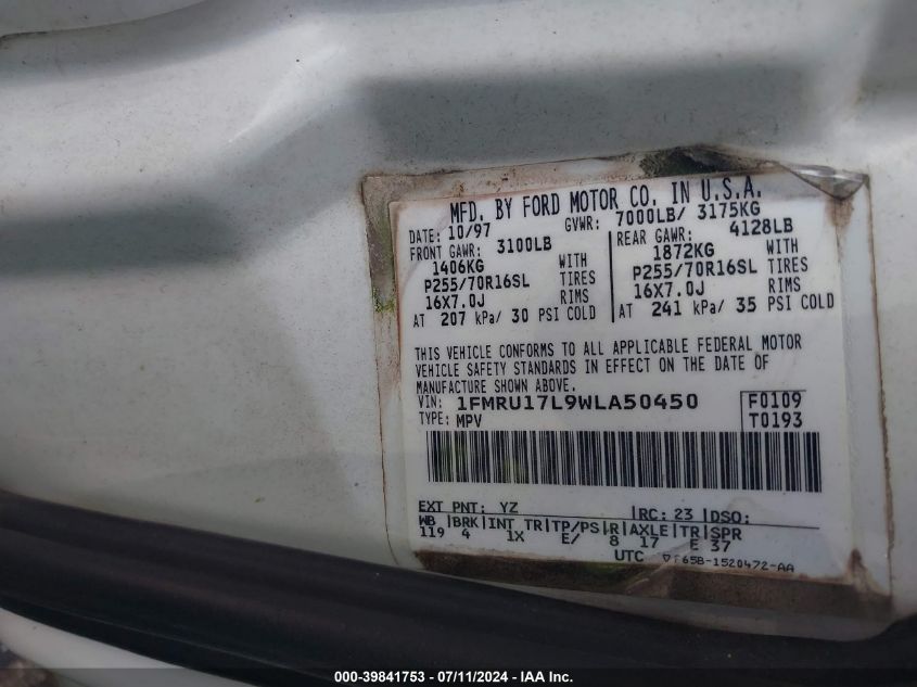 1998 Ford Expedition Eddie Bauer/Xlt VIN: 1FMRU17L9WLA50450 Lot: 39841753