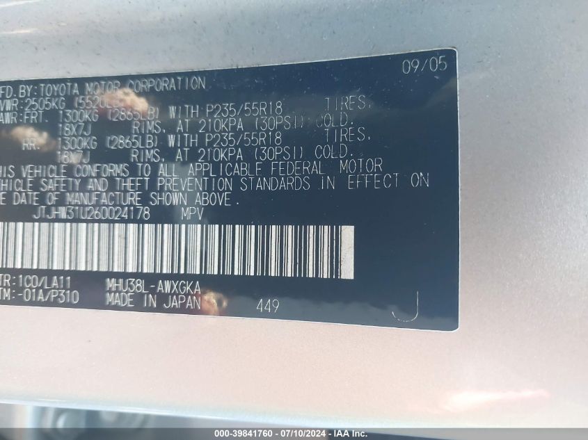 2006 Lexus Rx 400 VIN: JTJHW31U260024178 Lot: 39841760