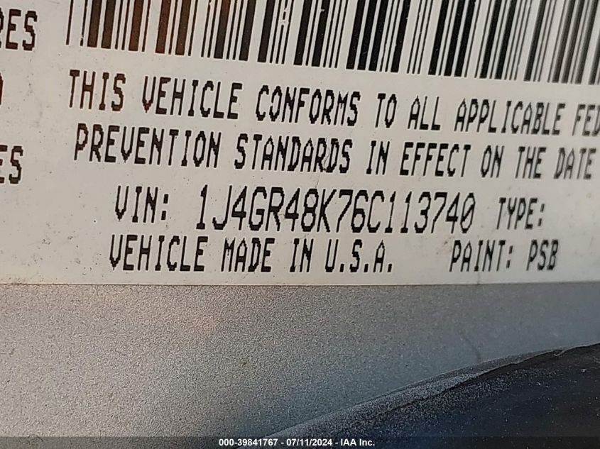 2006 Jeep Grand Cherokee Laredo VIN: 1J4GR48K76C113740 Lot: 39841767