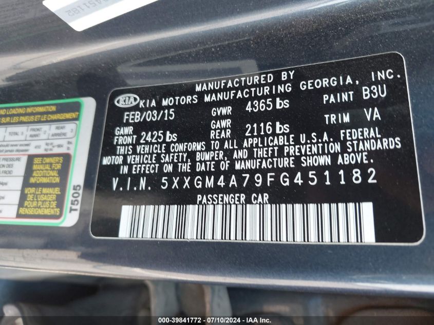 2015 Kia Optima Lx VIN: 5XXGM4A79FG451182 Lot: 39841772