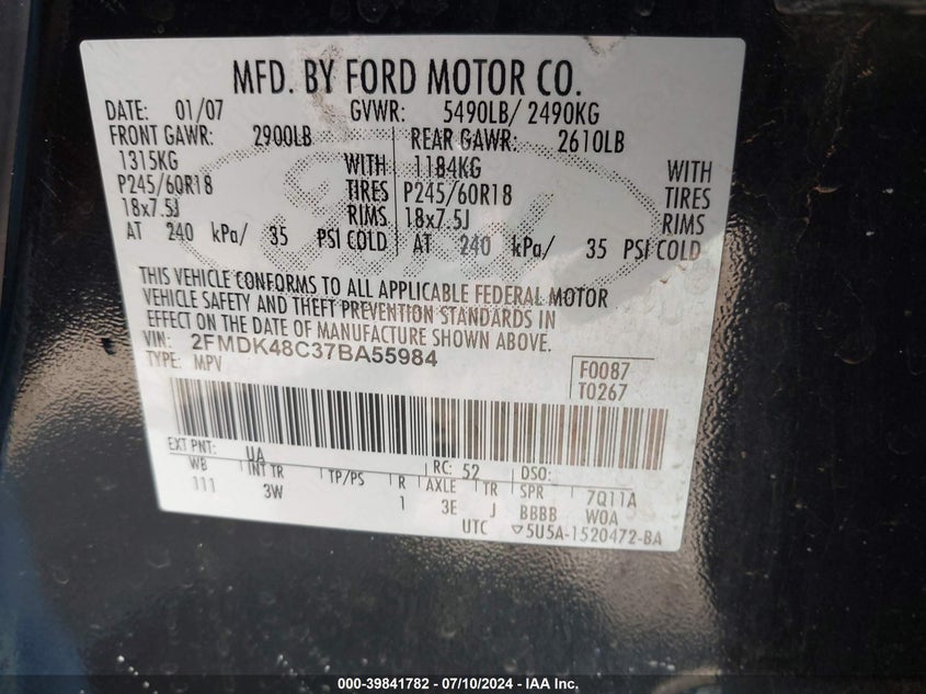 2007 Ford Edge Sel VIN: 2FMDK48C37BA55984 Lot: 39841782