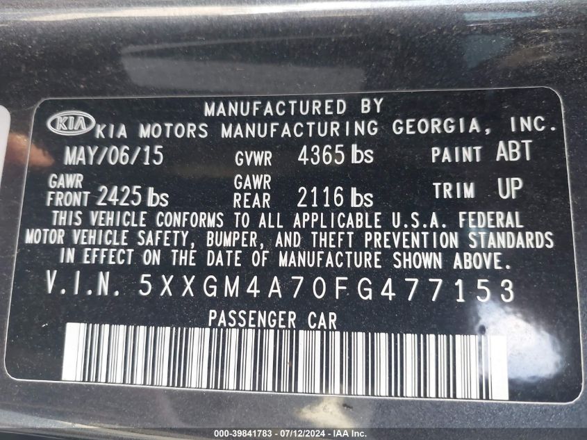 2015 Kia Optima Lx VIN: 5XXGM4A70FG477153 Lot: 39841783