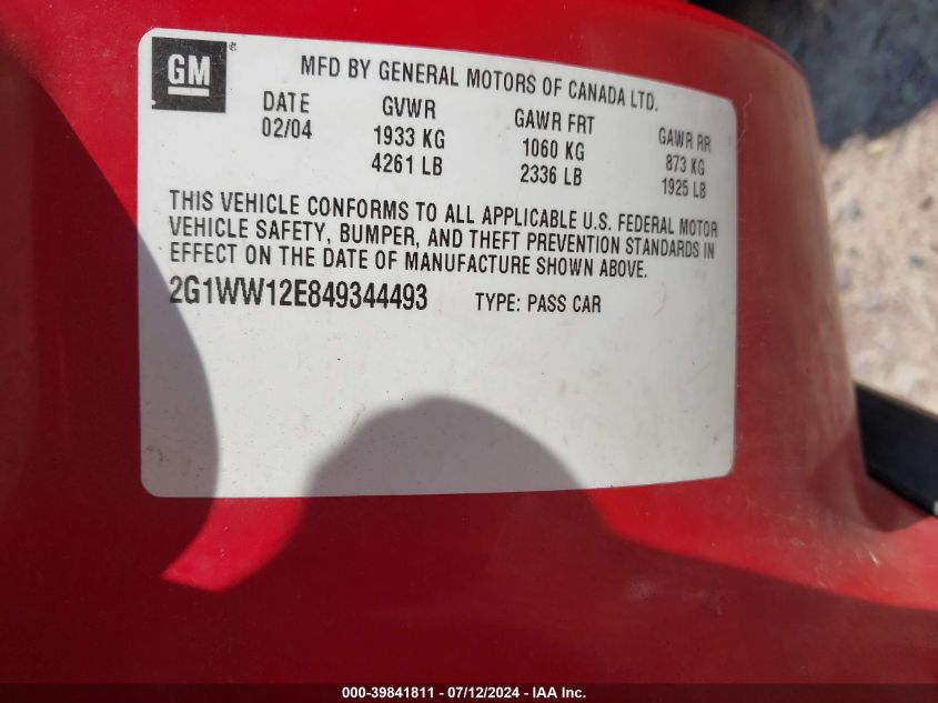 2004 Chevrolet Monte Carlo Ls VIN: 2G1WW12E849344493 Lot: 39841811