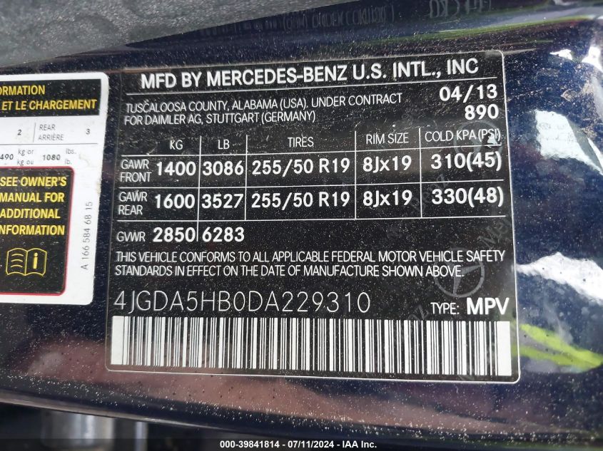 2013 Mercedes-Benz Ml 350 4Matic VIN: 4JGDA5HB0DA229310 Lot: 39841814