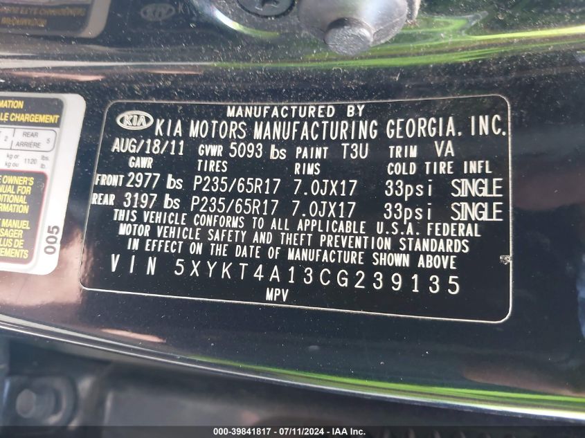 2012 Kia Sorento Lx VIN: 5XYKT4A13CG239135 Lot: 39841817