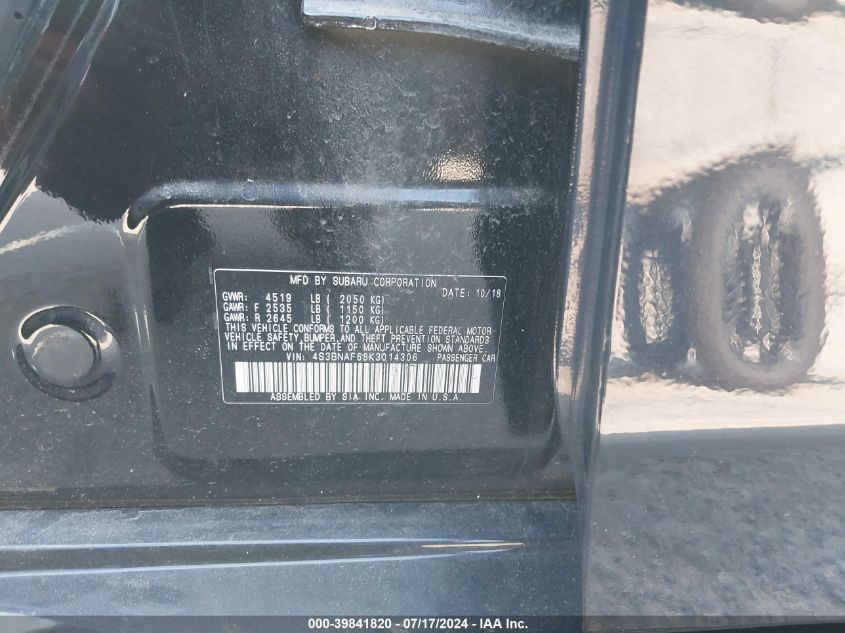 2019 Subaru Legacy 2.5I Premium VIN: 4S3BNAF68K3014306 Lot: 39841820