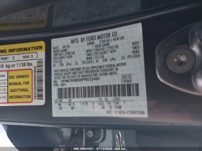 2023 Ford Bronco Sport Big Bend VIN: 3FMCR9B60PRE22493 Lot: 39841821