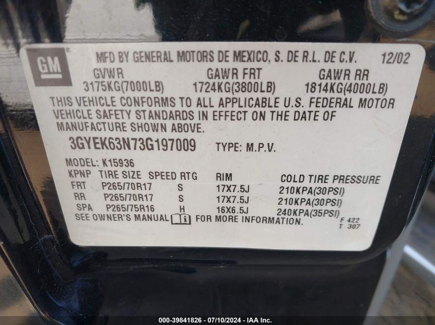 2003 Cadillac Escalade Ext Standard VIN: 3GYEK63N73G197009 Lot: 39841826