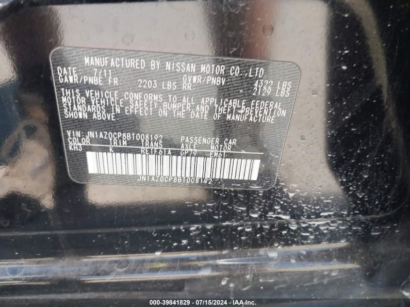 2011 Nissan Leaf Sl VIN: JN1AZ0CP8BT008192 Lot: 39841829