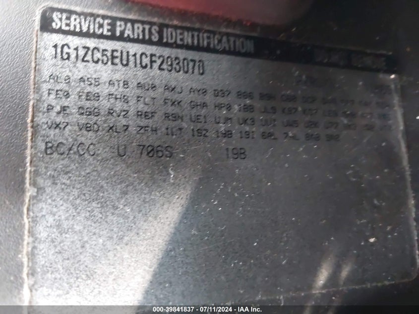 2012 Chevrolet Malibu 1Lt VIN: 1G1ZC5EU1CF293070 Lot: 39841837