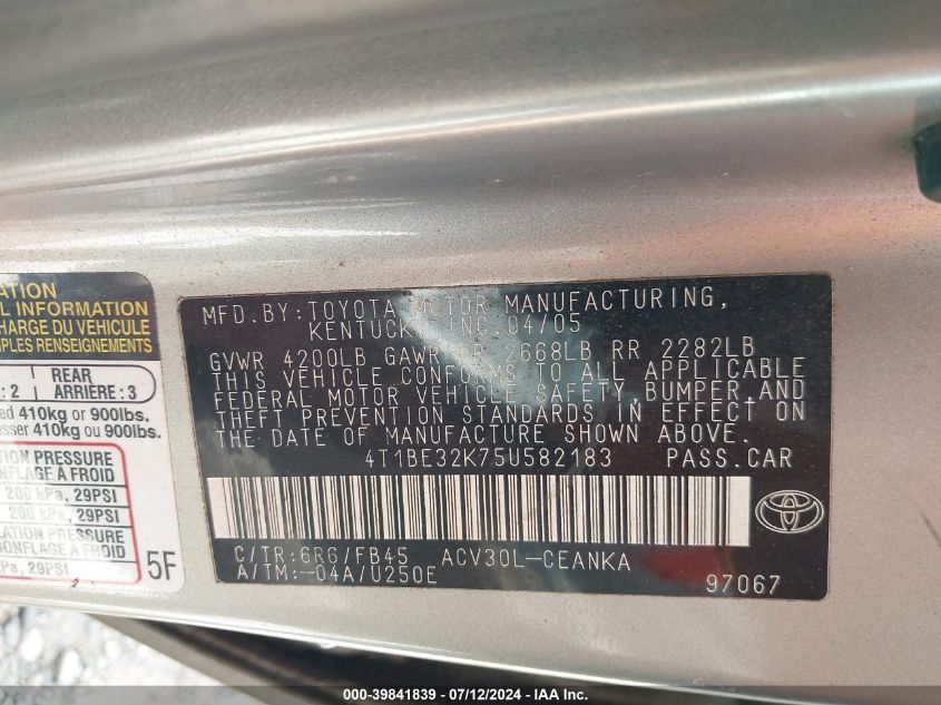 2005 Toyota Camry Le VIN: 4T1BE32K75U582183 Lot: 39841839