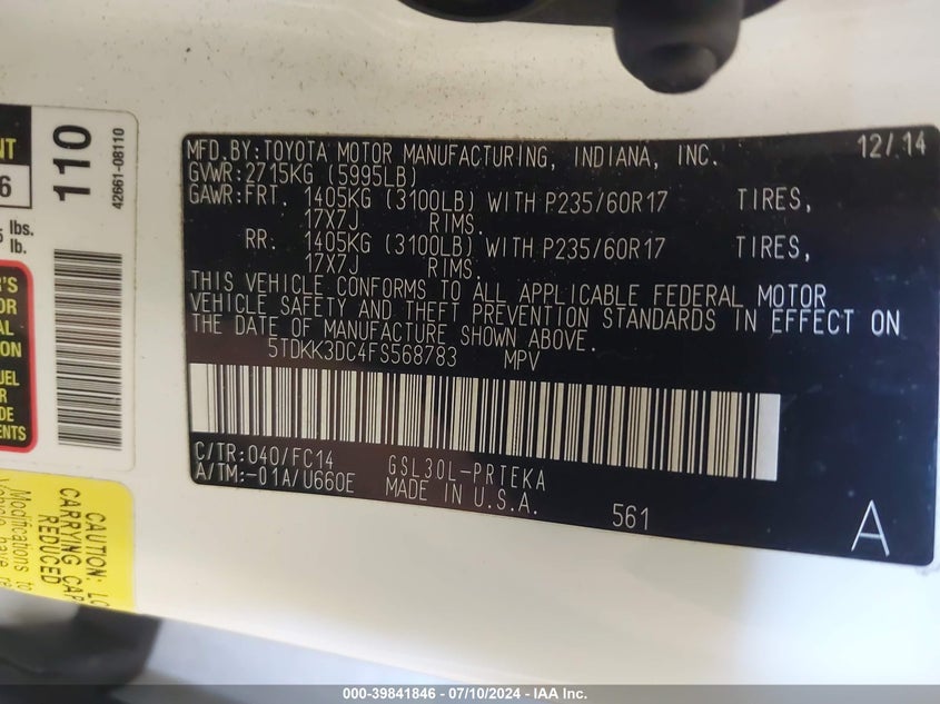 2015 Toyota Sienna Le 8 Passenger VIN: 5TDKK3DC4FS568783 Lot: 39841846