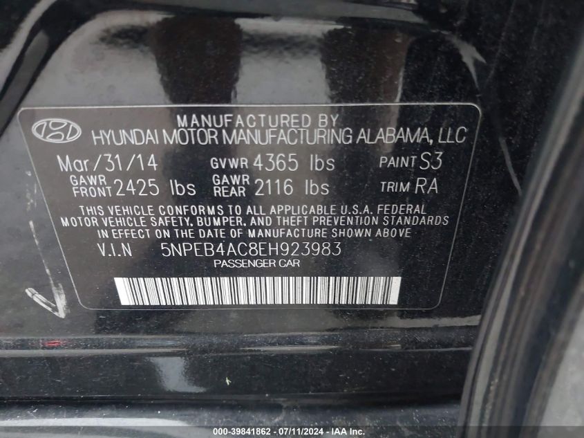 2014 HYUNDAI SONATA GLS - 5NPEB4AC8EH923983