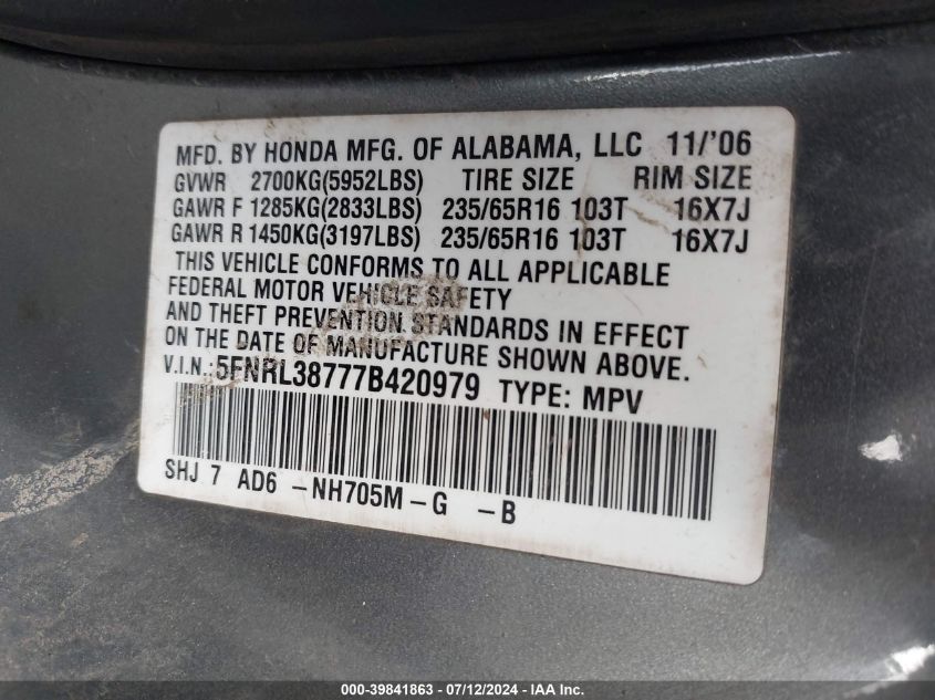 2007 Honda Odyssey Ex-L VIN: 5FNRL38777B420979 Lot: 39841863