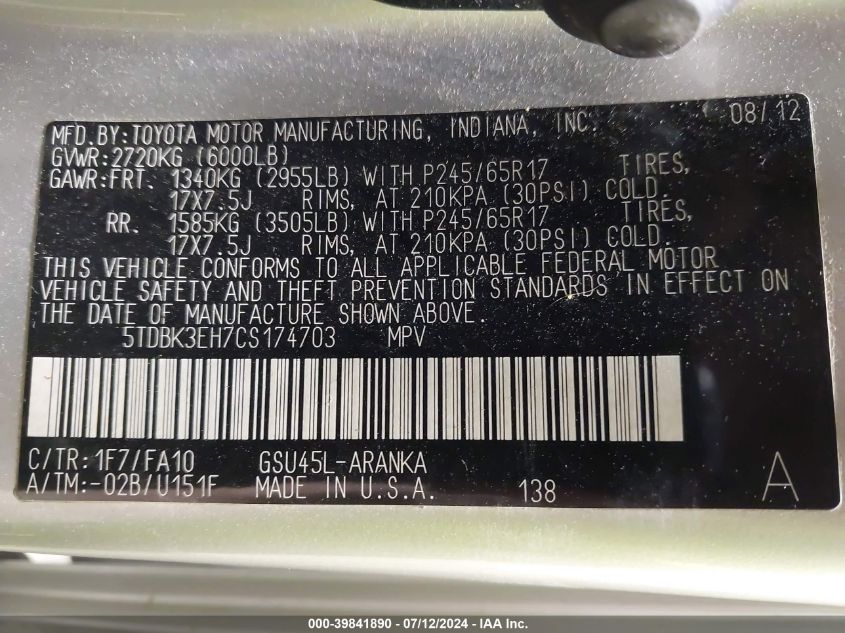 2012 Toyota Highlander Base V6 VIN: 5TDBK3EH7CS174703 Lot: 39841890