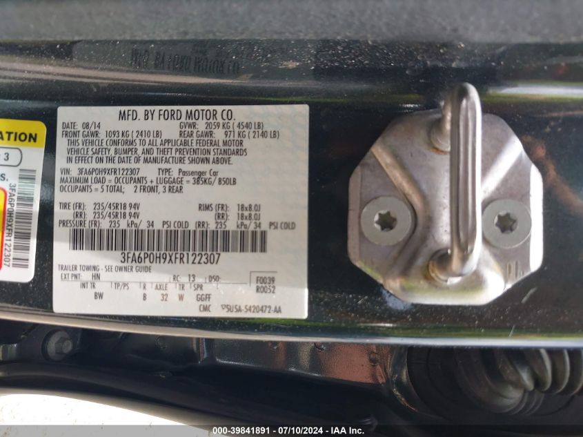 2015 Ford Fusion Se VIN: 3FA6P0H9XFR122307 Lot: 39841891