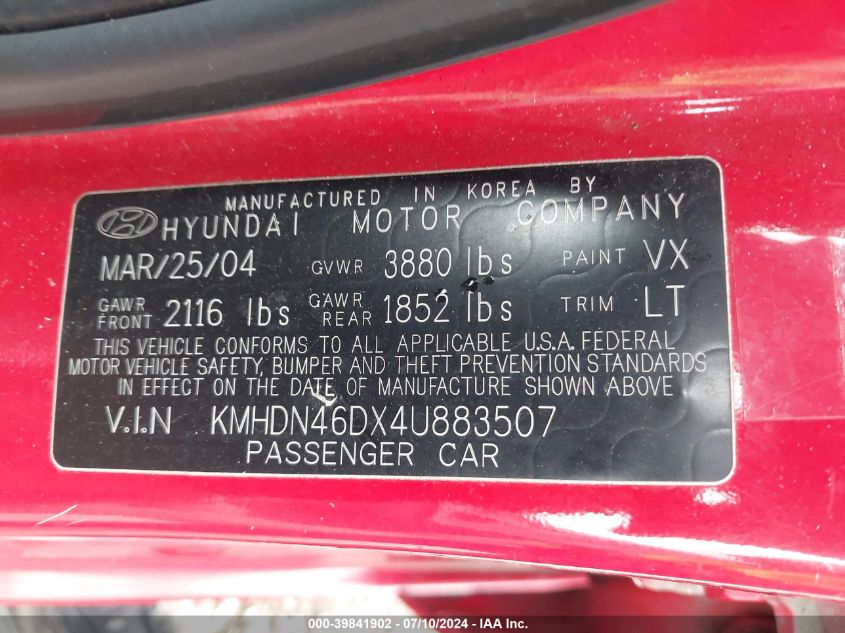 2004 Hyundai Elantra Gls/Gt VIN: KMHDN46DX4U883507 Lot: 39841902