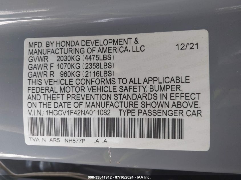 2022 Honda Accord Sport Special Edition VIN: 1HGCV1F42NA011082 Lot: 39841912