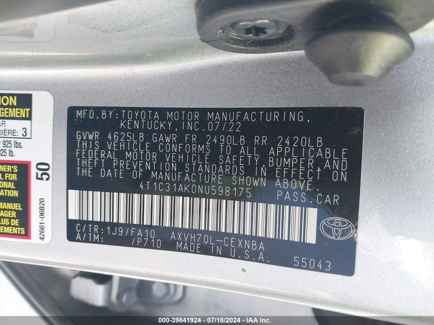 2022 TOYOTA CAMRY LE HYBRID - 4T1C31AK0NU598175