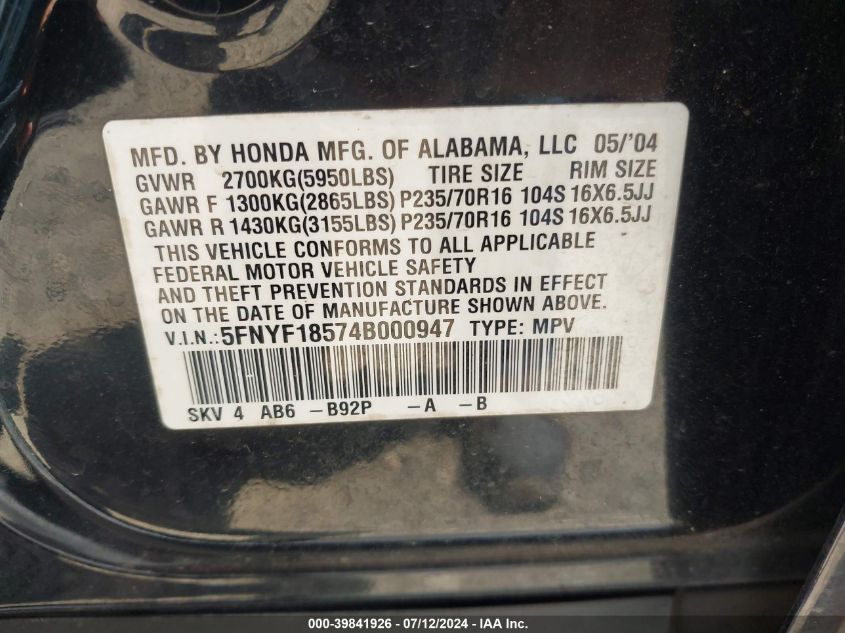 2004 Honda Pilot Ex-L VIN: 5FNYF18574B000947 Lot: 39841926