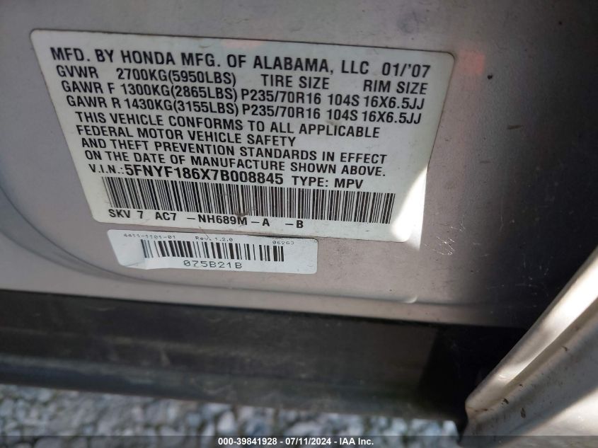 2007 Honda Pilot Ex-L VIN: 5FNYF186X7B008845 Lot: 39841928