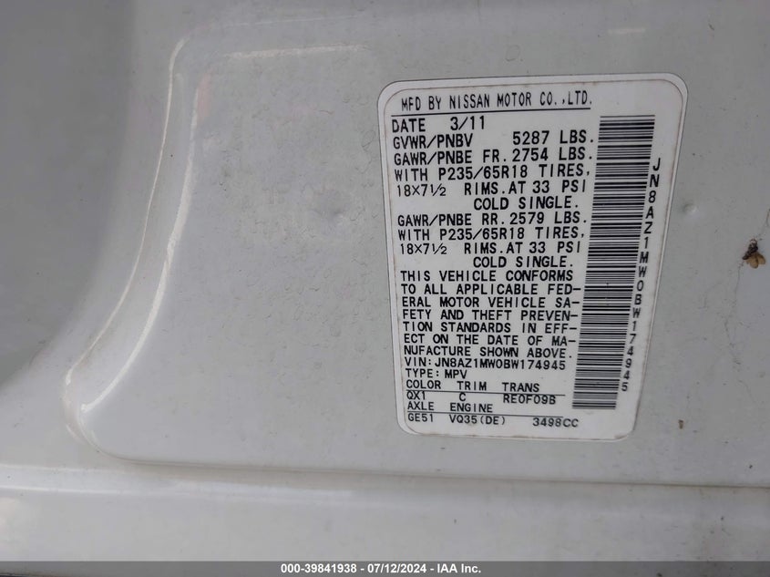 2011 Nissan Murano S VIN: JN8AZ1MW0BW174945 Lot: 39841938