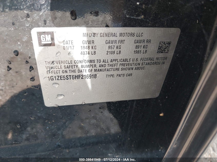 2017 Chevrolet Malibu 1Lt VIN: 1G1ZE5ST6HF216918 Lot: 39841949