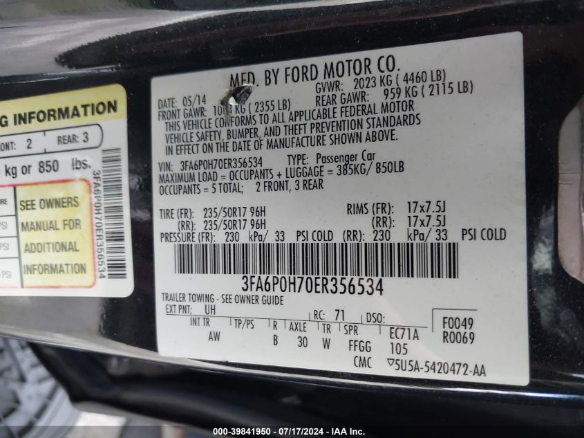 2014 Ford Fusion Se VIN: 3FA6P0H70ER356534 Lot: 39841950