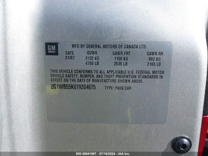 2007 Chevrolet Impala Ls VIN: 2G1WB55K879304875 Lot: 39841967
