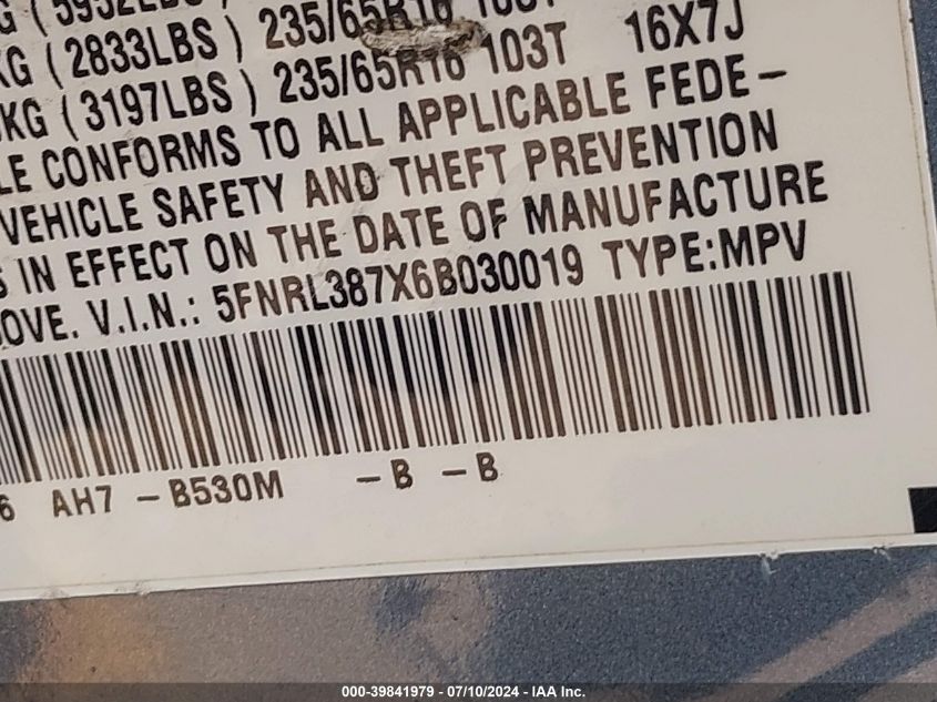 2006 Honda Odyssey Ex-L VIN: 5FNRL387X6B030019 Lot: 39841979