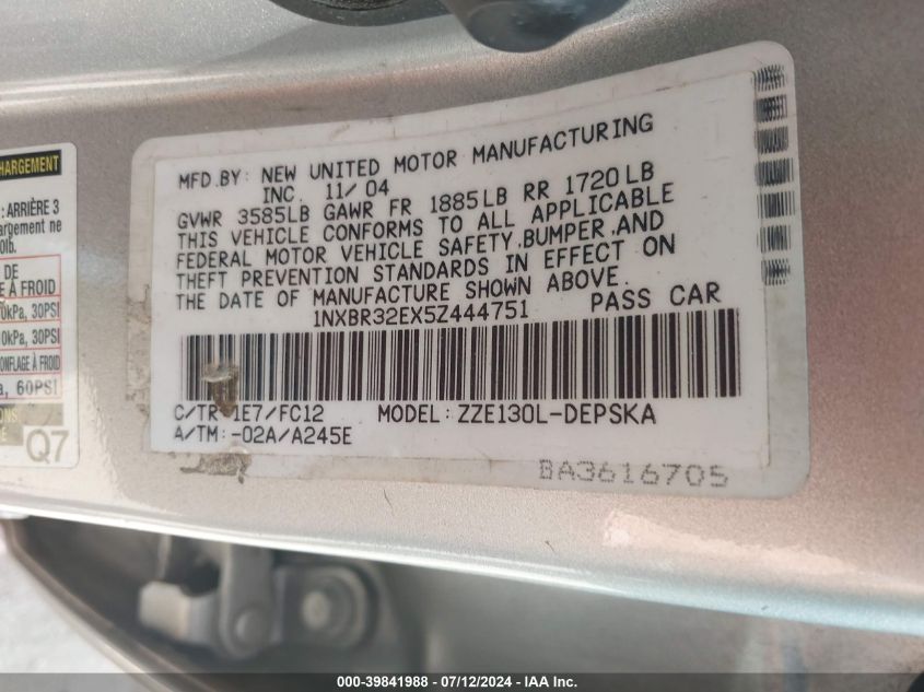 2005 Toyota Corolla S VIN: 1NXBR32EX5Z444751 Lot: 39841988