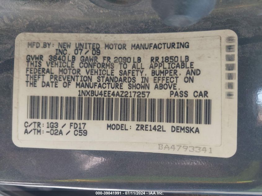 2009 Toyota Corolla S VIN: 1NXBU40E49Z058887 Lot: 39841991