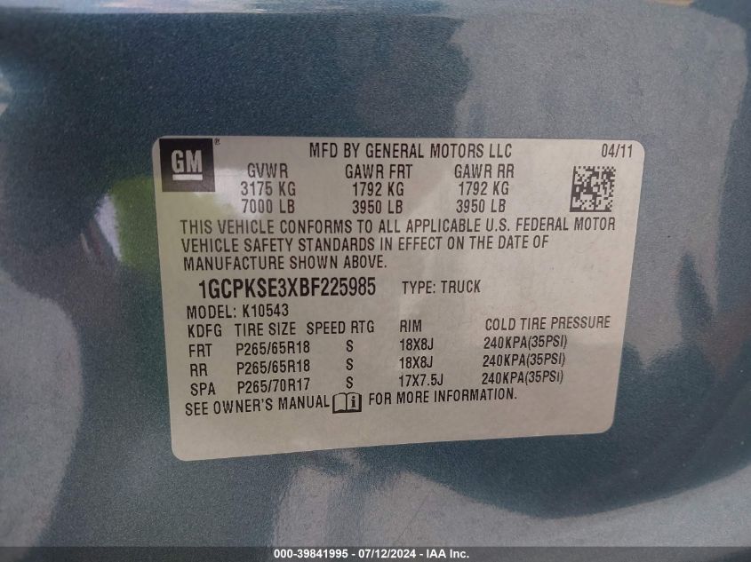 2011 Chevrolet Silverado K1500 Lt VIN: 1GCPKSE3XBF225985 Lot: 39841995