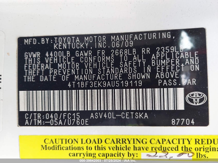 2010 Toyota Camry Se VIN: 4T1BF3EK9AU519119 Lot: 39842003