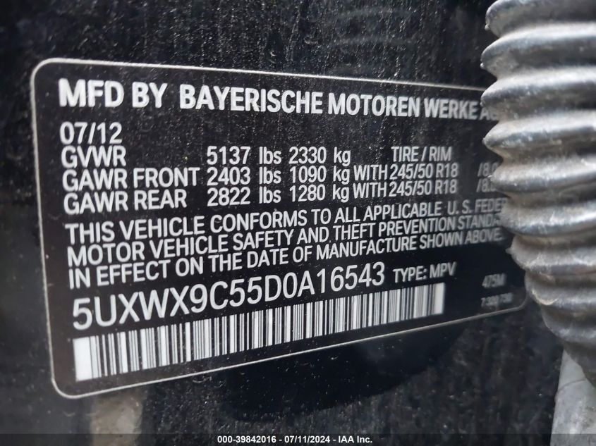 2013 BMW X3 xDrive28I VIN: 5UXWX9C55D0A16543 Lot: 39842016