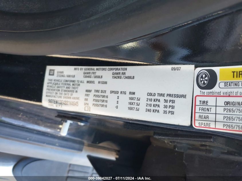 2008 Hummer H3 Suv VIN: 5GTEN13E488144645 Lot: 39842027