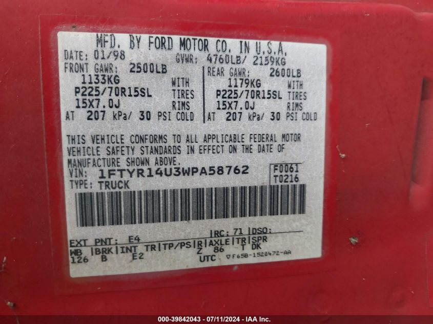 1998 Ford Ranger Splash/Xl/Xlt VIN: 1FTYR14U3WPA58762 Lot: 39842043