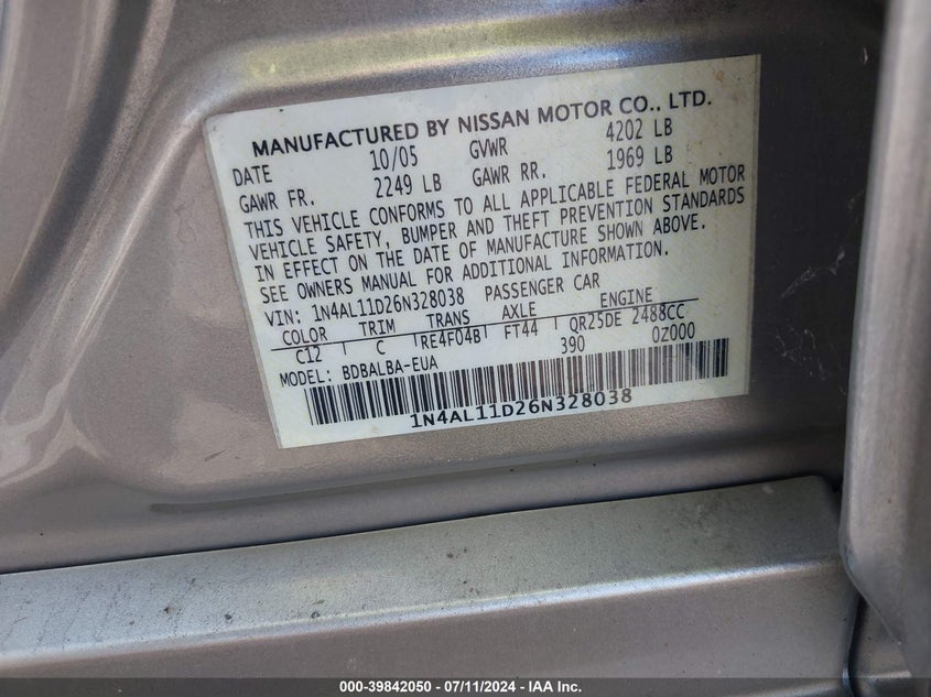 1N4AL11D26N328038 2006 Nissan Altima 2.5 S