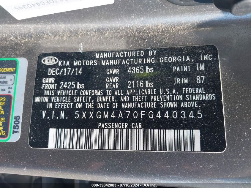 2015 Kia Optima Lx VIN: 5XXGM4A70FG440345 Lot: 39842083