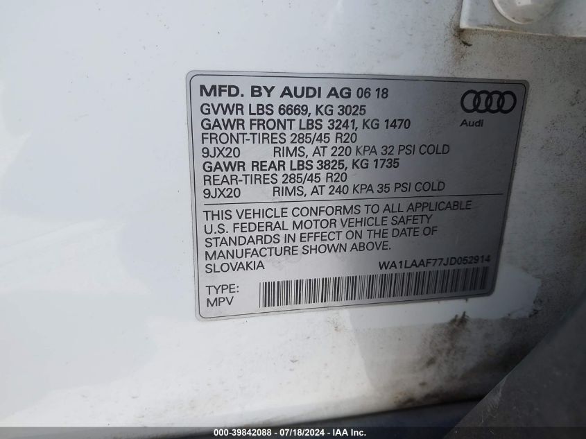2018 Audi Q7 3.0T Premium VIN: WA1LAAF77JD052914 Lot: 39842088