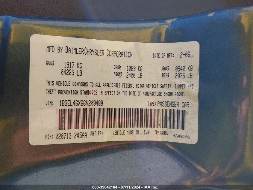 2006 Dodge Stratus Sxt VIN: 1B3EL46X66N209488 Lot: 39842104