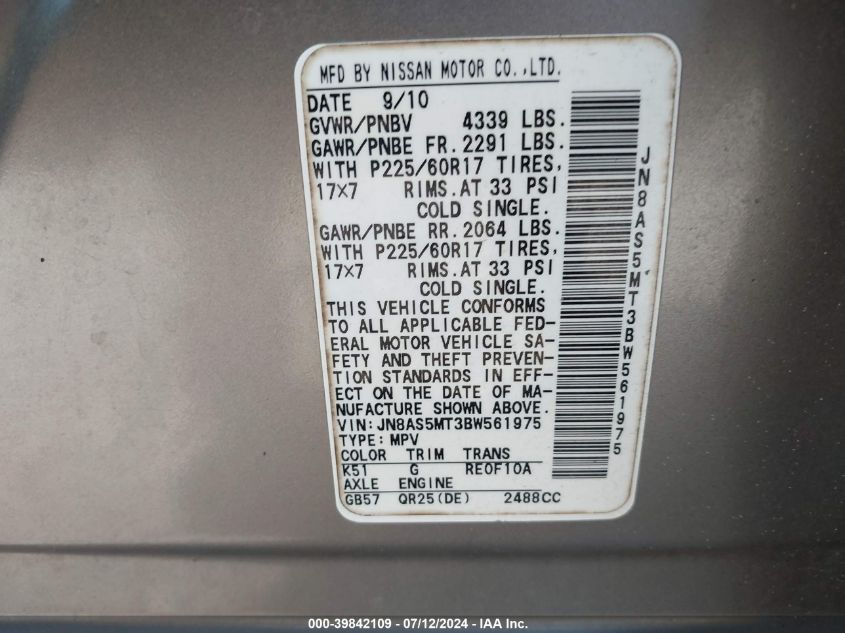 2011 Nissan Rogue S/Sv/Krom VIN: JN8AS5MT3BW561975 Lot: 39842109