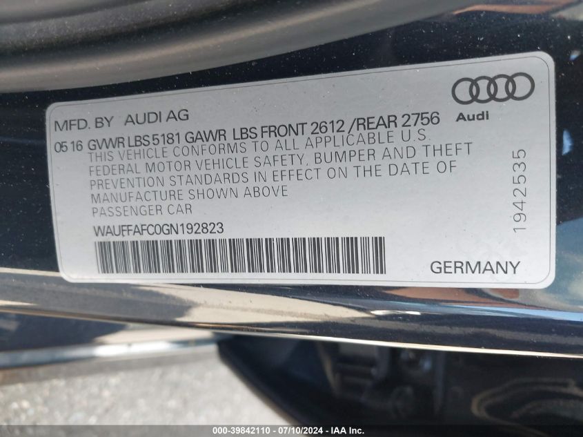 2016 AUDI A6 2.0T PREMIUM - WAUFFAFC0GN192823