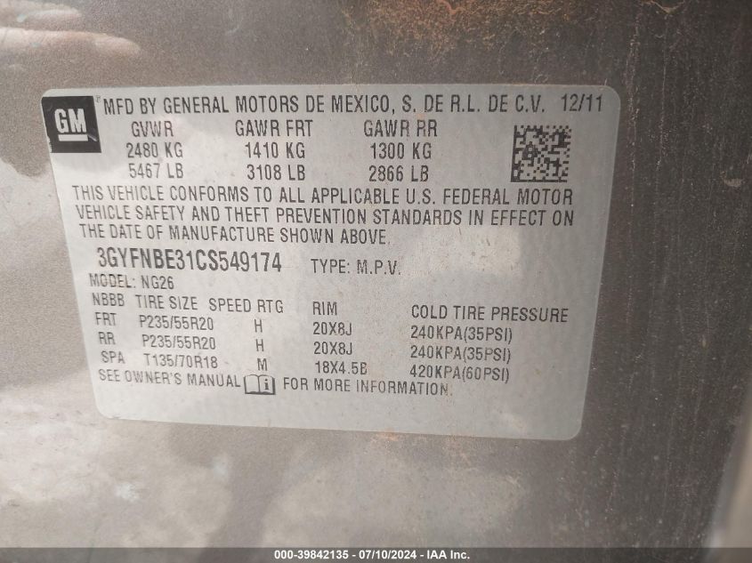 2012 Cadillac Srx Performance Collection VIN: 3GYFNBE31CS549174 Lot: 39842135